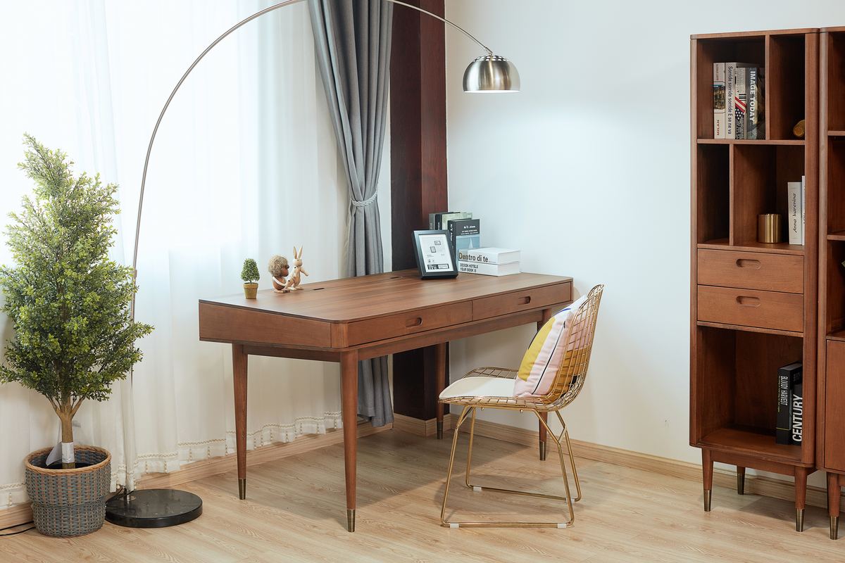 Mid-century solid wood desk and bookcase in a bright living space